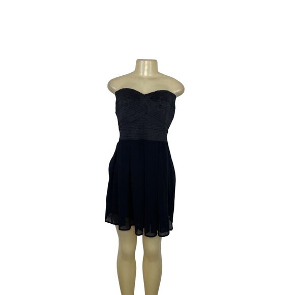 Jun & Ivy Black Strapless Mini Dress Textured Bodice Chiffon Skirt Back Zip Sz M - Picture 1 of 6
